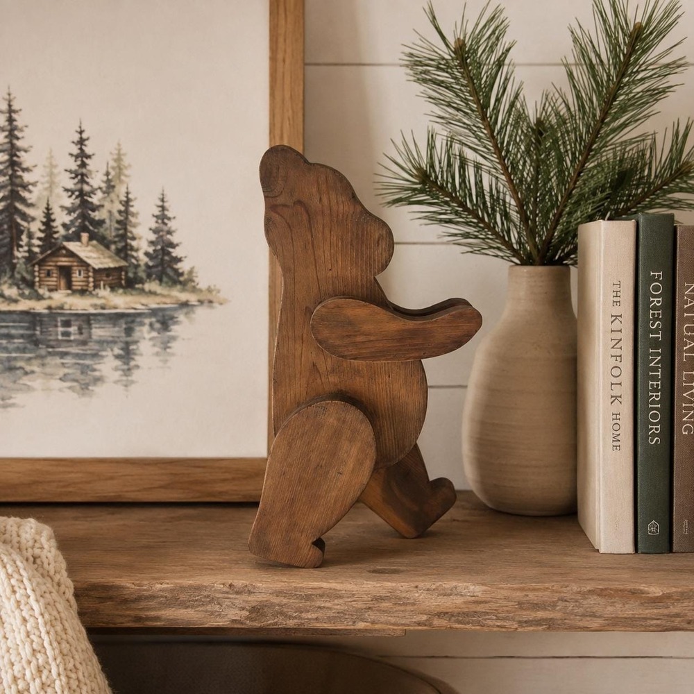 Vintage Articulated Wooden Bear Sculpture Scandinavian Folk Art Cabin Decor
